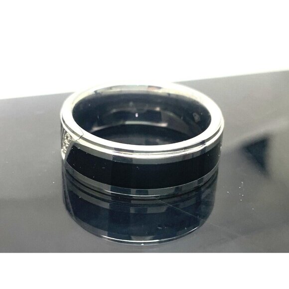 Men's Wedding Band Diamond Black Silver Tungsten Carbide 8mm Ring Size 9.75 - Picture 2 of 14